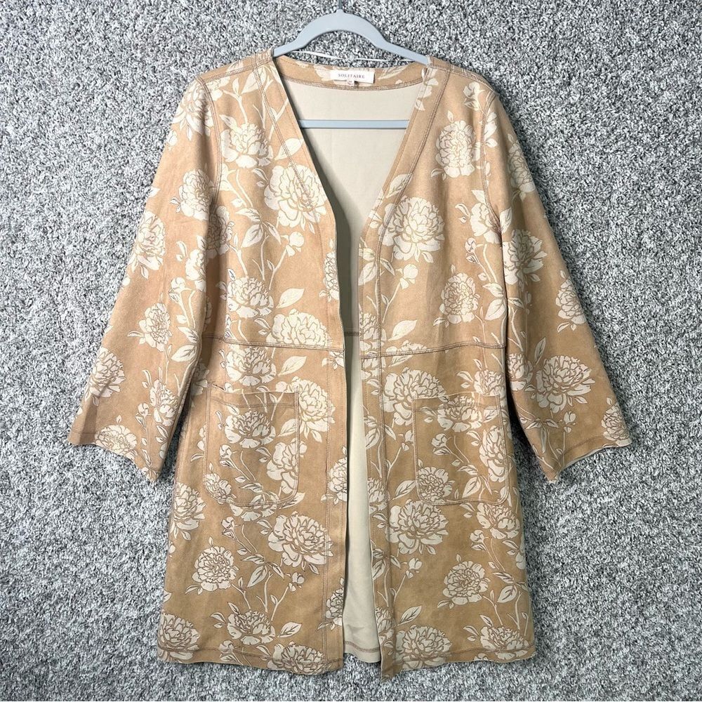 Solitaire Jacket Women's‎ Medium Tan Rose Floral Print Open Front Lightweight